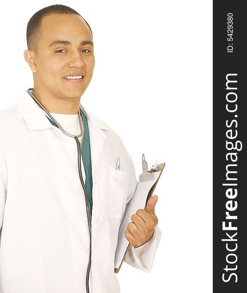 Isolated happy doctor or lab worker holding clip board and look at camera. Isolated happy doctor or lab worker holding clip board and look at camera