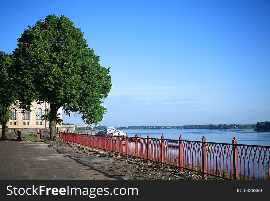Quay, handrail, tree, beautiful kind to Volga. Quay, handrail, tree, beautiful kind to Volga