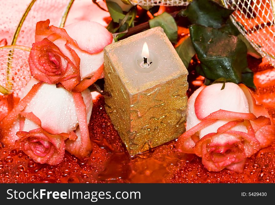 Golden Candle With Roses