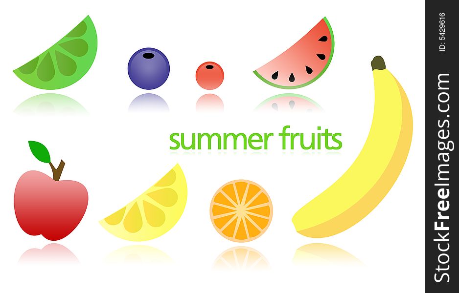 8 illustrated summer fruits includinding lime, lemon, apple, banana, berries and orange