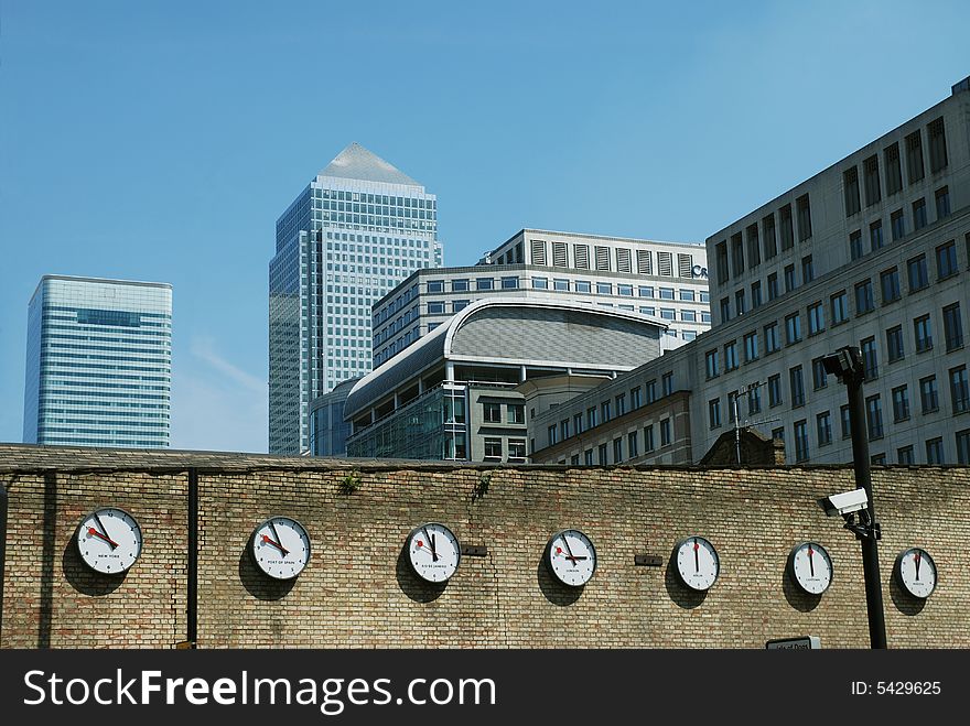 Canary Wharf Skyline With World Clocks