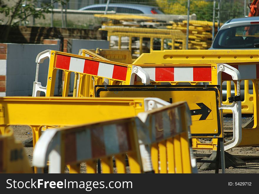 Close up of roadworks and road signs