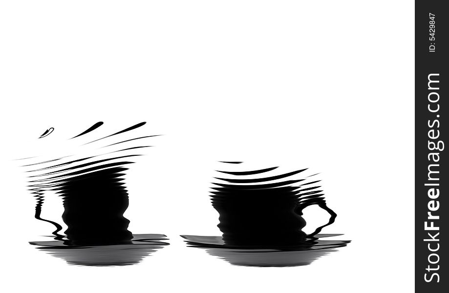 Abstract in gray and black of two coffee cups and saucers set against a white background. Abstract in gray and black of two coffee cups and saucers set against a white background.