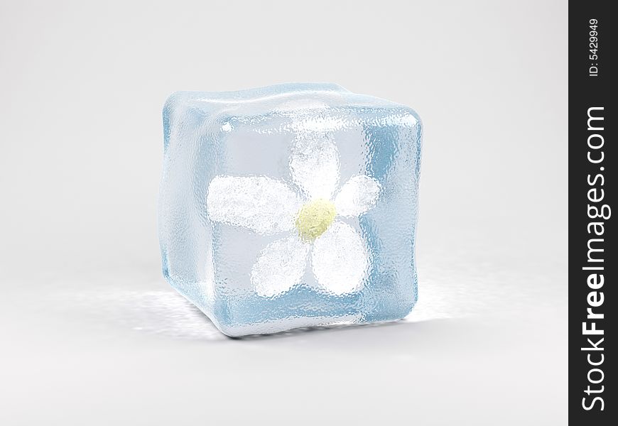 Flower in ice cube on a white background. 3D image.