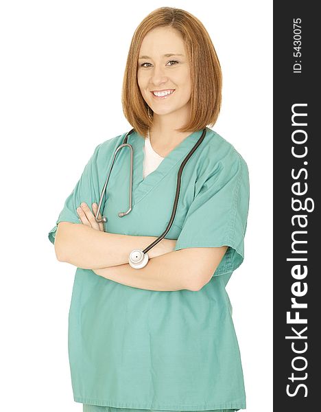 Isolated shot of woman nurse or doctor folding hand and smiling looking to camera. Isolated shot of woman nurse or doctor folding hand and smiling looking to camera