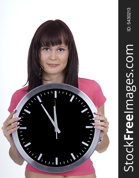 Emotive woman with o'clock against a white background. Emotive woman with o'clock against a white background