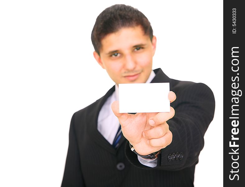 Close caption, man stretching out his arm presenting empty business card. isolated on white background. Close caption, man stretching out his arm presenting empty business card. isolated on white background