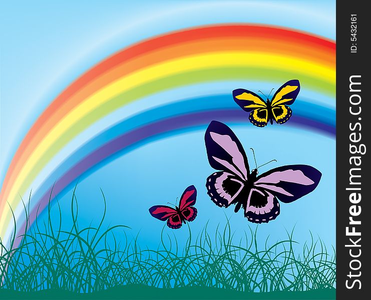 Flying butterflies against the backdrop of a rainbow (mesh and vector)