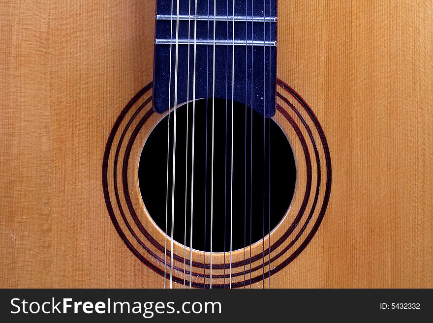 Close up of a classical twelve string guitar