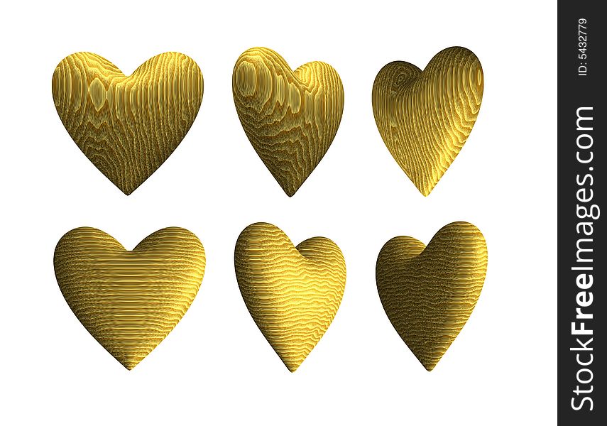 Rendering of some wooden hearts from different angles, with realistic pattern and delicate texture. Rendering of some wooden hearts from different angles, with realistic pattern and delicate texture.