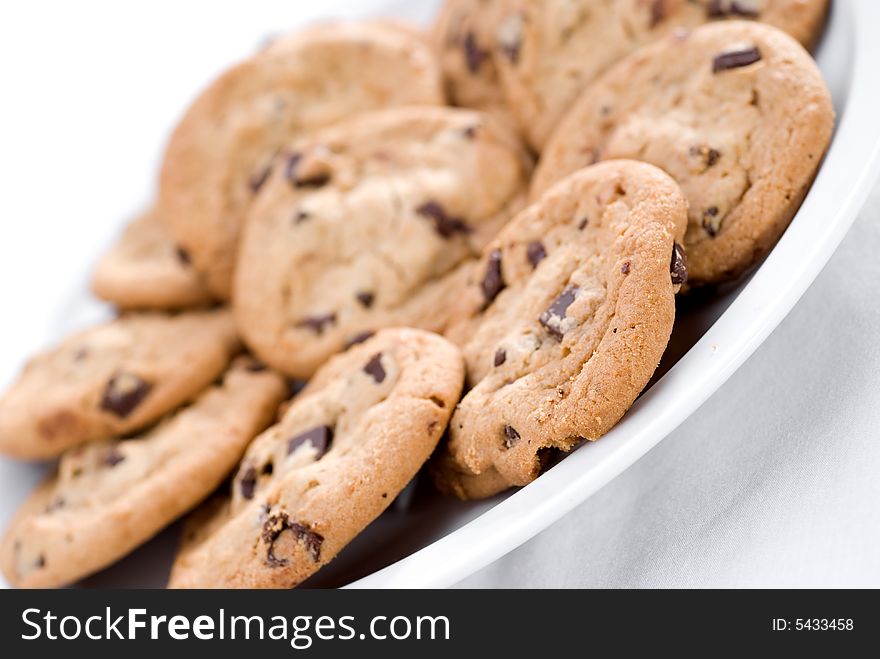 A closeup of chocolate chip cookies. A closeup of chocolate chip cookies