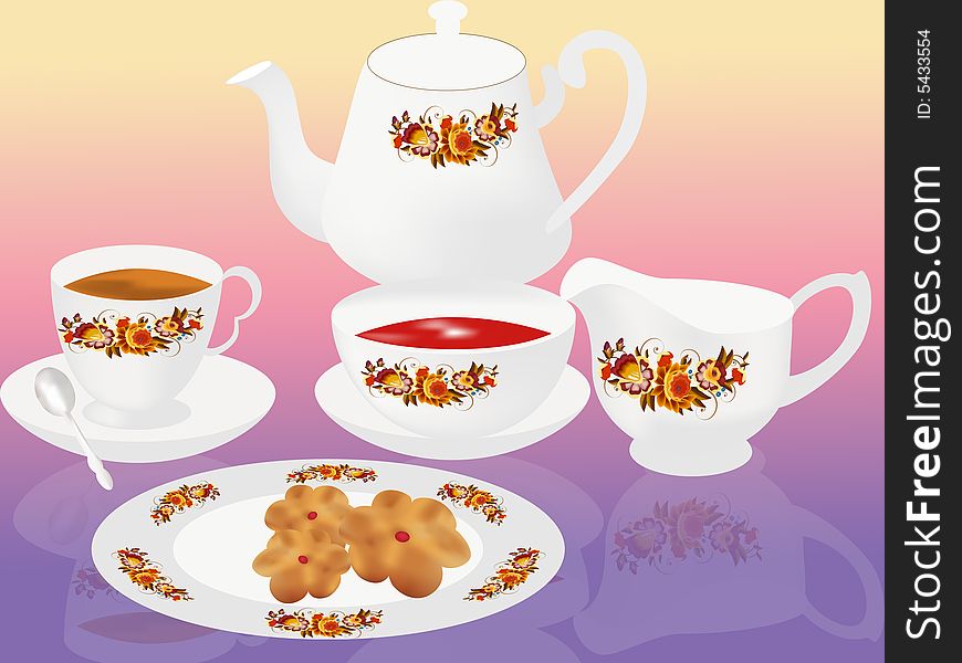 Still-life: tea service from white porcelain with a flower pattern. Illustration. Still-life: tea service from white porcelain with a flower pattern. Illustration