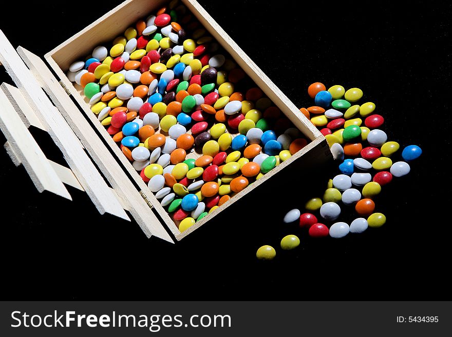 Many colored candies and a box