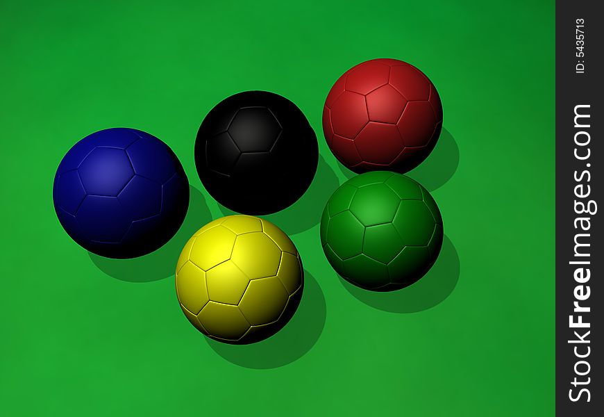 Five footballs placed like the Olympic symbol. Five footballs placed like the Olympic symbol