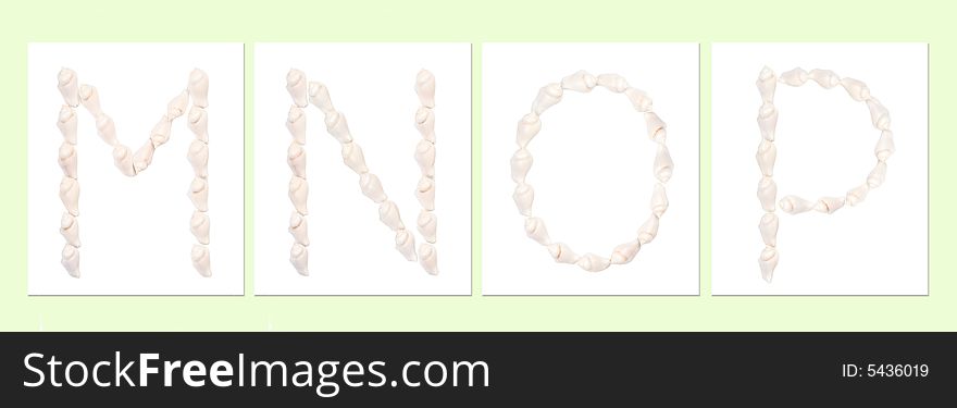 Seashell letters on white background, letter M,N,O,P. Seashell letters on white background, letter M,N,O,P
