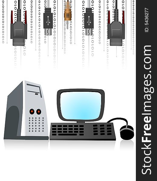 Computer set with plugs on isolated background. Computer set with plugs on isolated background