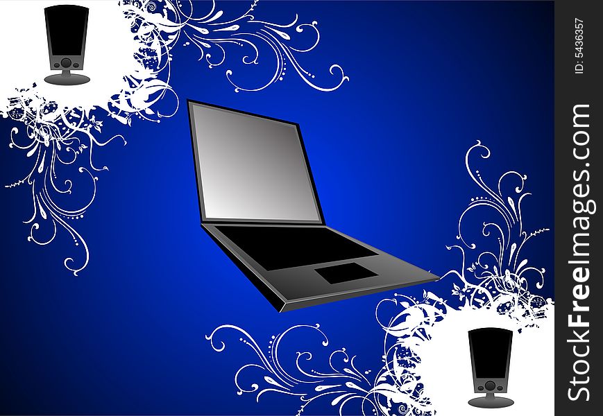 Laptop with speaker on gradient background. Laptop with speaker on gradient background