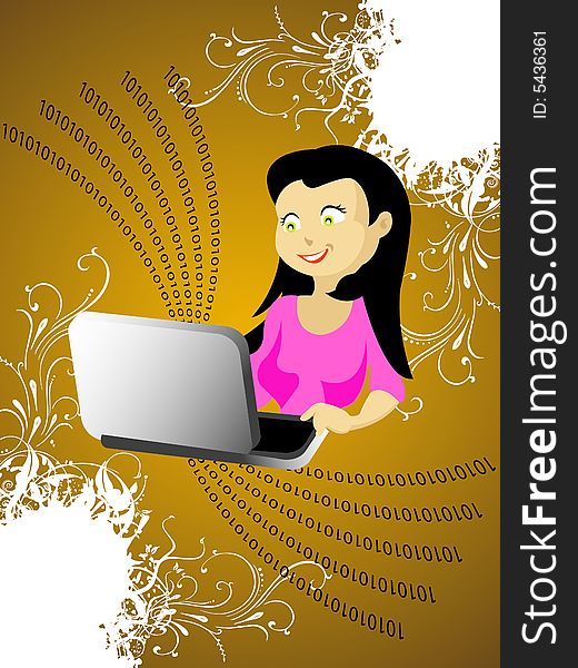 Lady with laptop on floral effect
