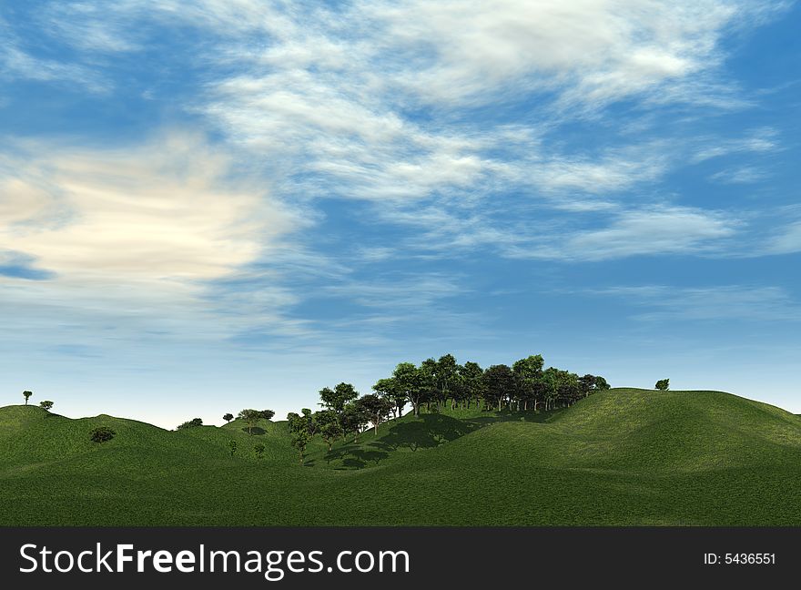 Green hills and beautiful sky with clouds - 3d scene