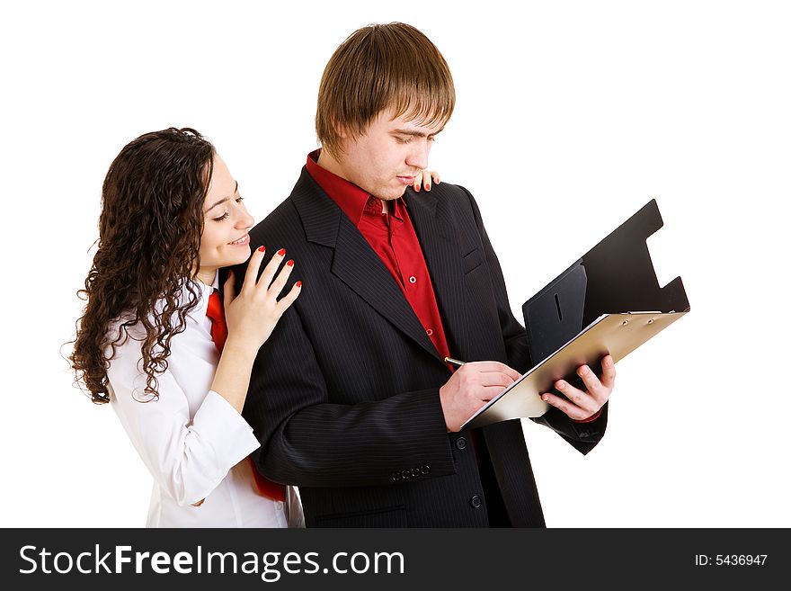 Businessman and girl look in papers. Businessman and girl look in papers