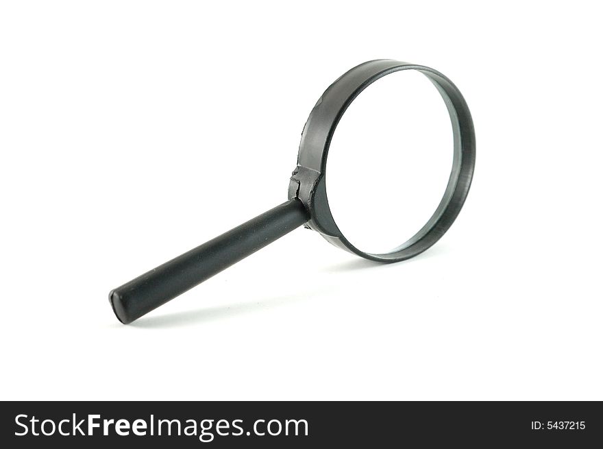 Black magnifying glass over white viewed