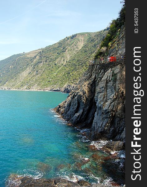 A great reef and blue sea in Cinque Terre in Liguria, Italy. Cinque Terre is humanity's world patrimony.