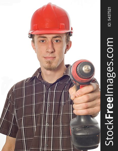 Casual worker with drill on white background