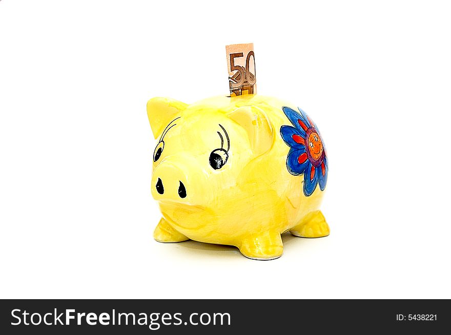 Fifty euro and piggy isolated on white background. Fifty euro and piggy isolated on white background.