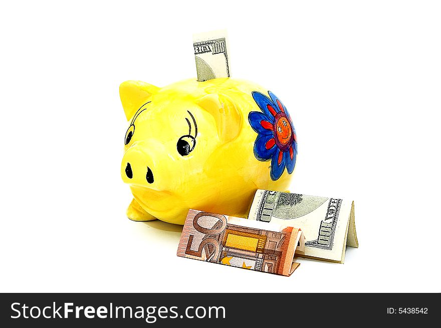 Piggy bank isolated on white background. Dollar and euro on white background. Piggy bank isolated on white background. Dollar and euro on white background.