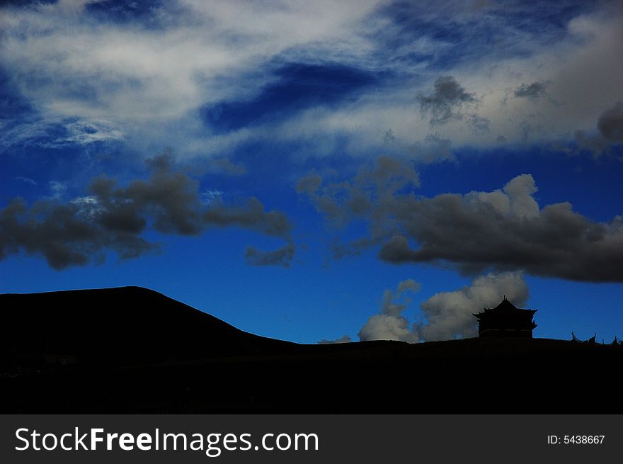 A temple under the sky, in darkness. A temple under the sky, in darkness