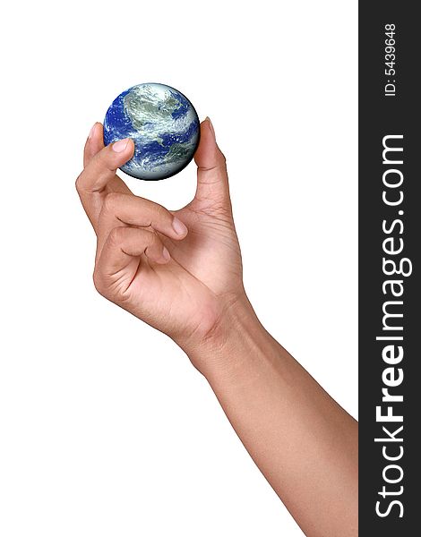 Hand holding a miniatur Earth on white background; computer generate image. Hand holding a miniatur Earth on white background; computer generate image