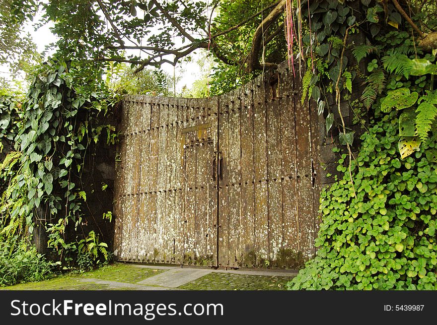 Old brown wooden gate in stone wall.