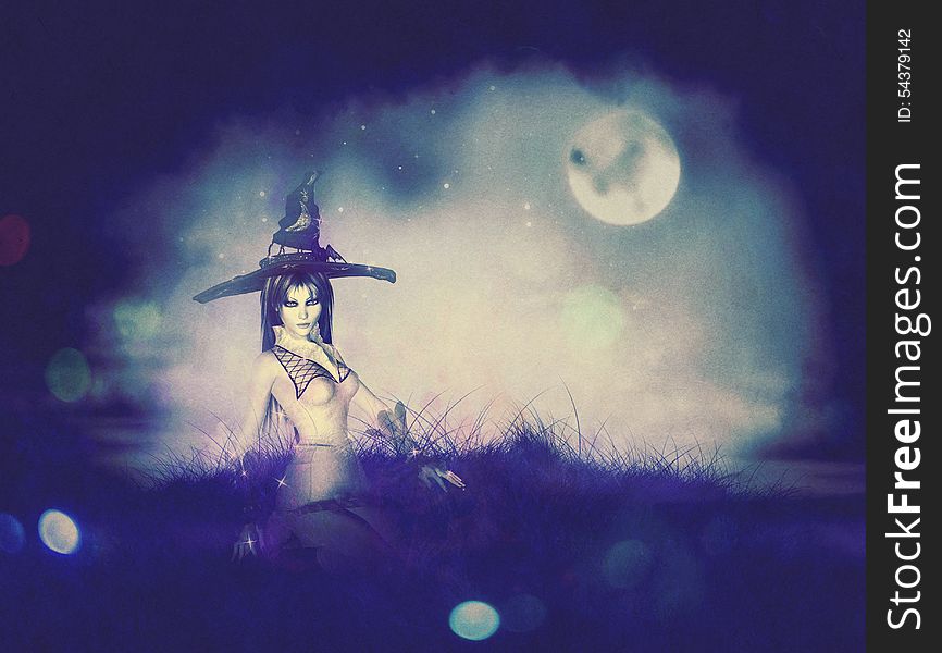 Halloween background with witch woman conjuring at night. Halloween background with witch woman conjuring at night.