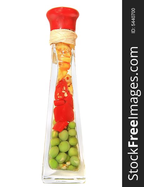 Set-corn, pepper and peas in glass bank on a white background