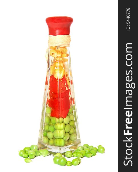 Set - corn, pepper and peas in glass bank on a white background