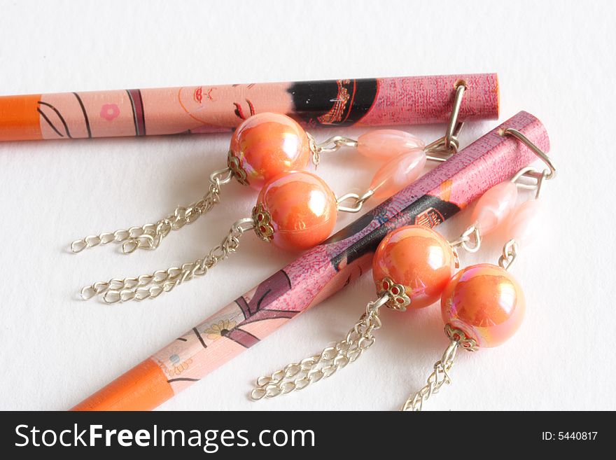 Close up of geisha hairpins with decorations