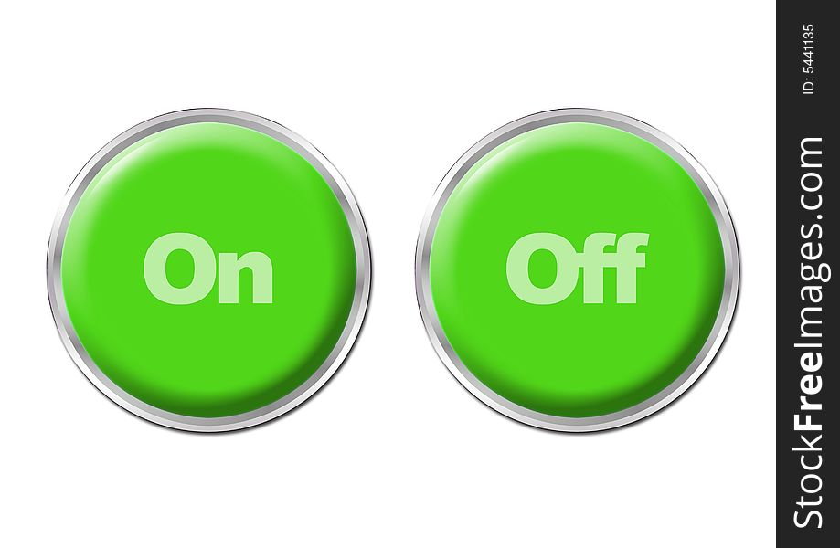 Two green round buttons with the symbols On and Off. Two green round buttons with the symbols On and Off