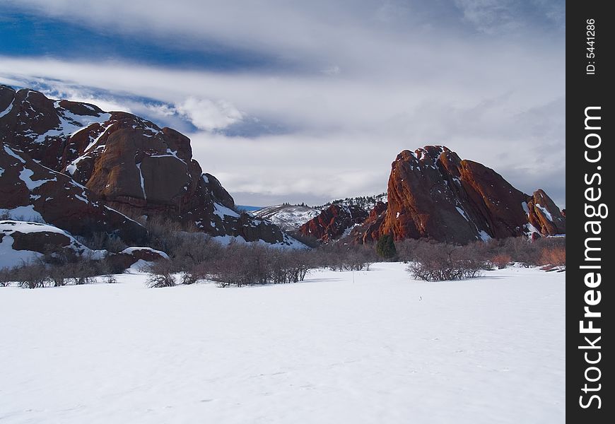 Winter along the red rocks of the Colorado foothills. Winter along the red rocks of the Colorado foothills.