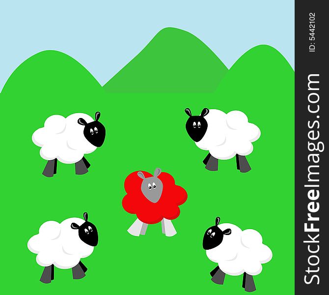 Odd sheep with red wool getting stares from normal sheep. Odd sheep with red wool getting stares from normal sheep
