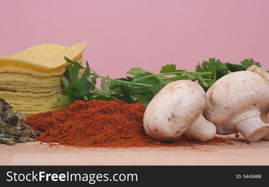 Mushrooms and Paprika With Tortillas on Pink Background