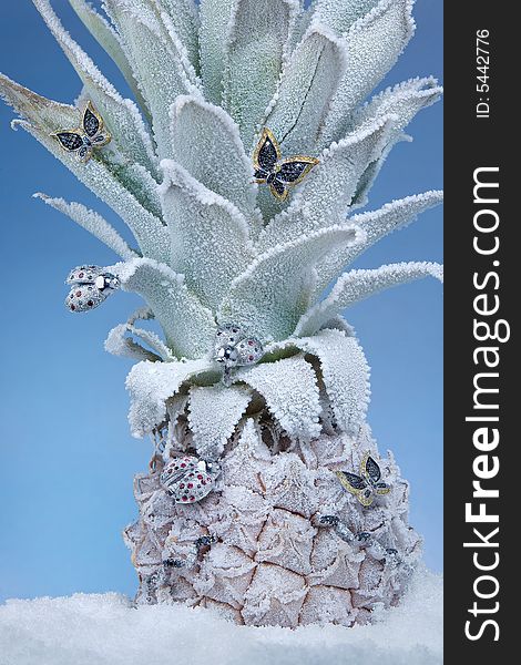 A background with a view of jewelery ornaments on a frozen pineapple. A background with a view of jewelery ornaments on a frozen pineapple.