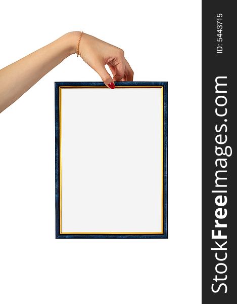 The hand holds an empty framework on a white background