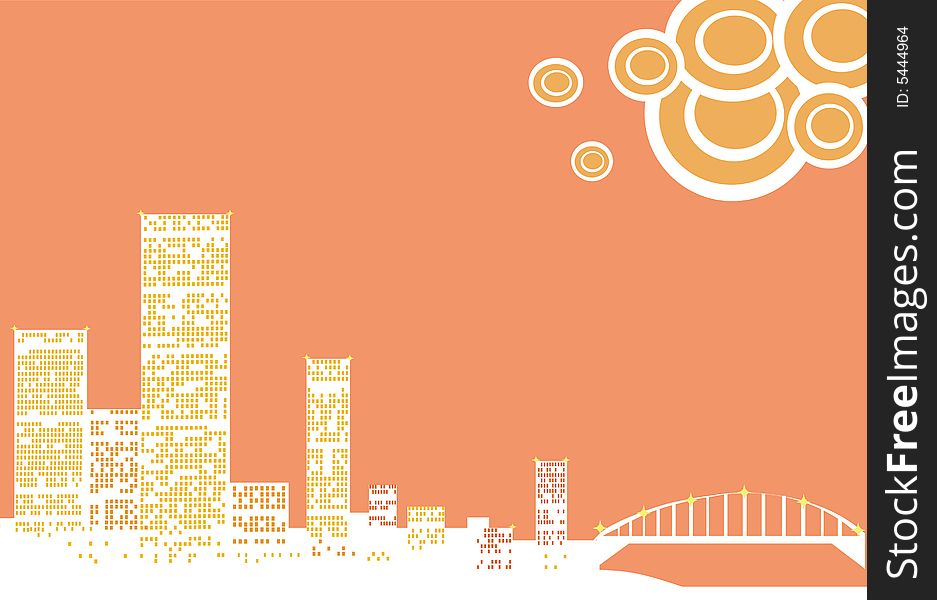 Computer generated orange background with city