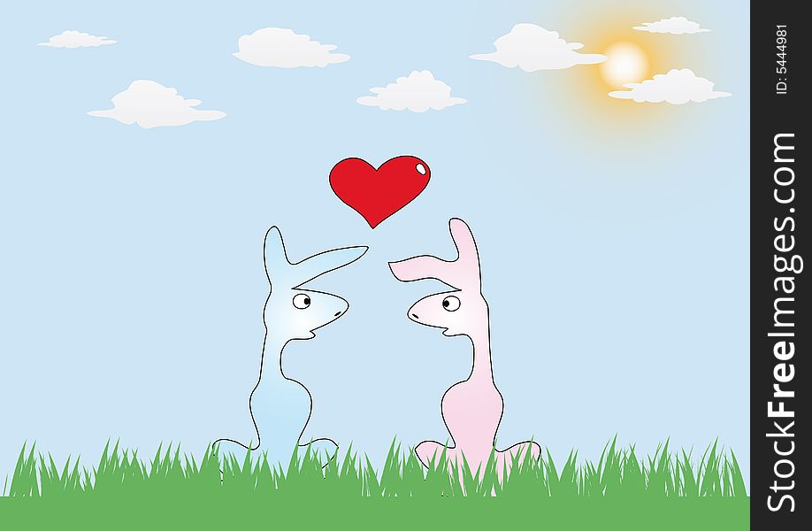 Romance card with two rabbits in love