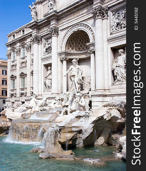 Trevi Fountain, Rome, Italy, with a blue sky background