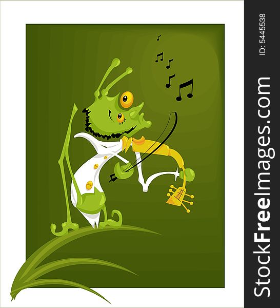 Grasshopper with a violin. Grasshopper is separate from violin, note and background.