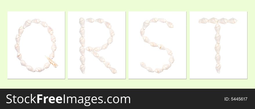 Seashell letters on white background, letter Q,R,S,T. Seashell letters on white background, letter Q,R,S,T