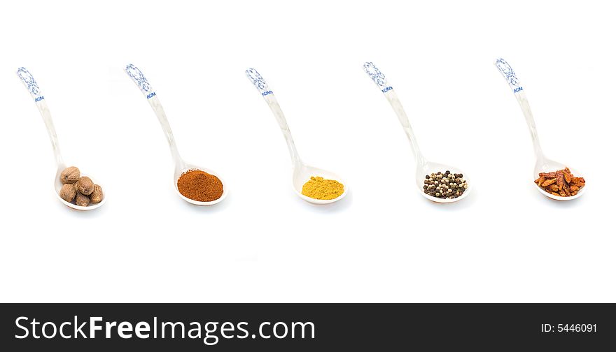 Oriental spices on chinese spon over white background