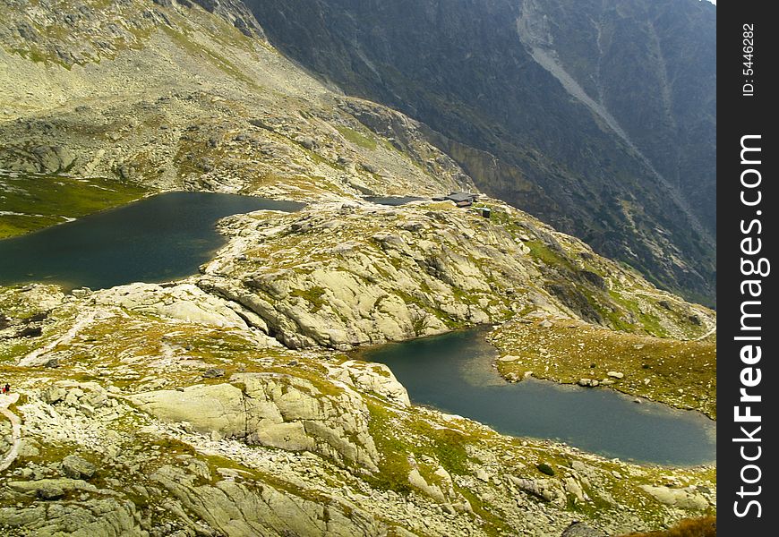 Two small lakes in polish Tatra mountain. Aerial view. Two small lakes in polish Tatra mountain. Aerial view