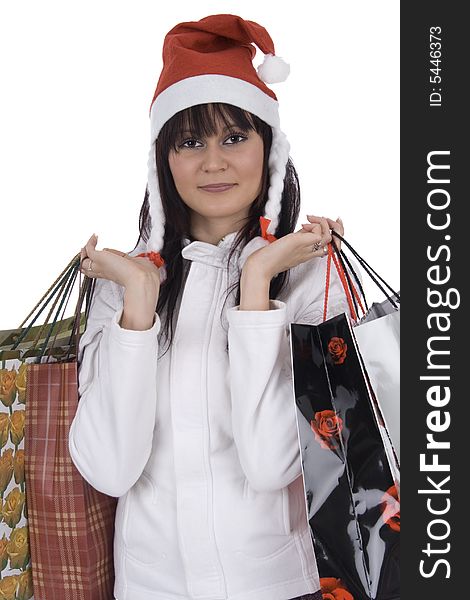 Woman with purchase on Christmas against a white background